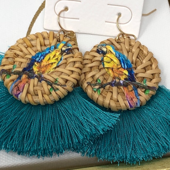 Parrot Painted Woven Straw Fan Tassel Earrings - Picture 2 of 5